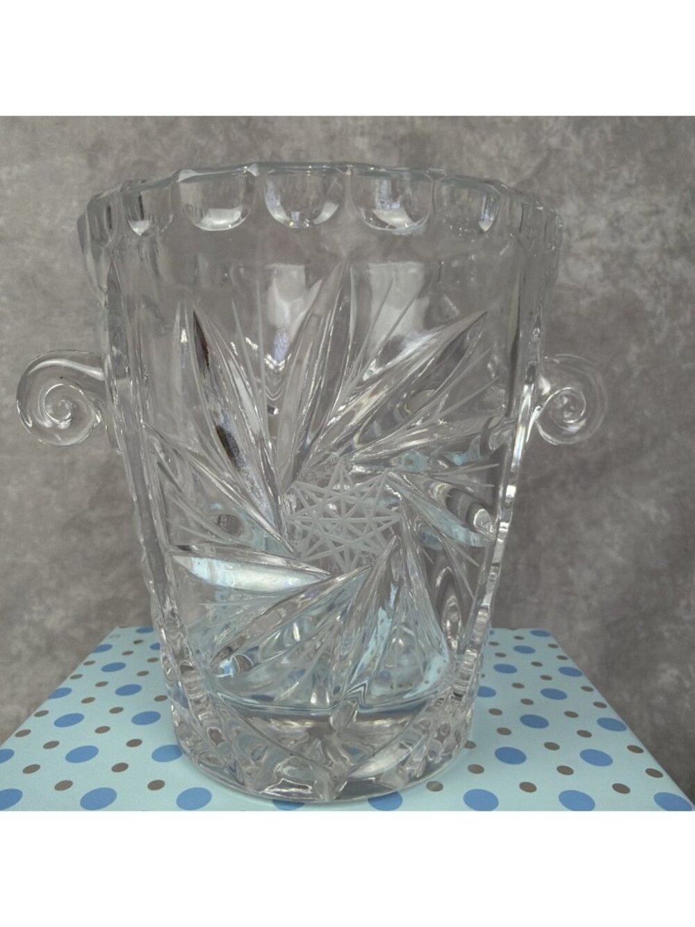 Vintage Blown Glass Ice Bucket Pinwheel American Cut Hobstar Sunburst Handles